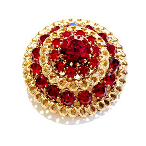 Vintage Mid Century Brooch Gold Red Glass Rhinestones Stacked Dimensional Round